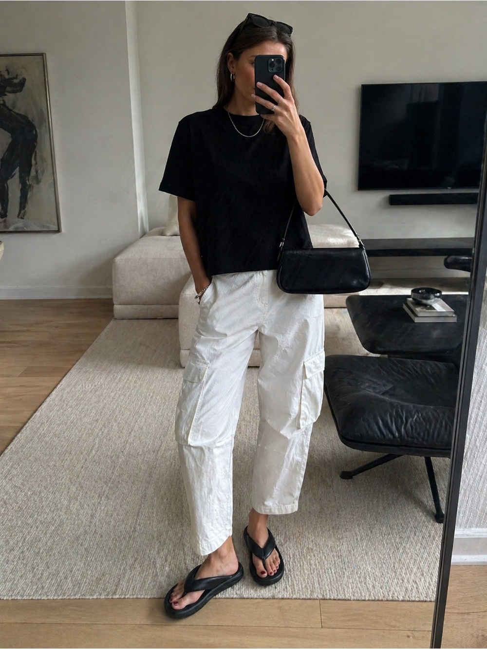 Ecru 100% Cotton Wide Leg Utility Cargo Pants 30